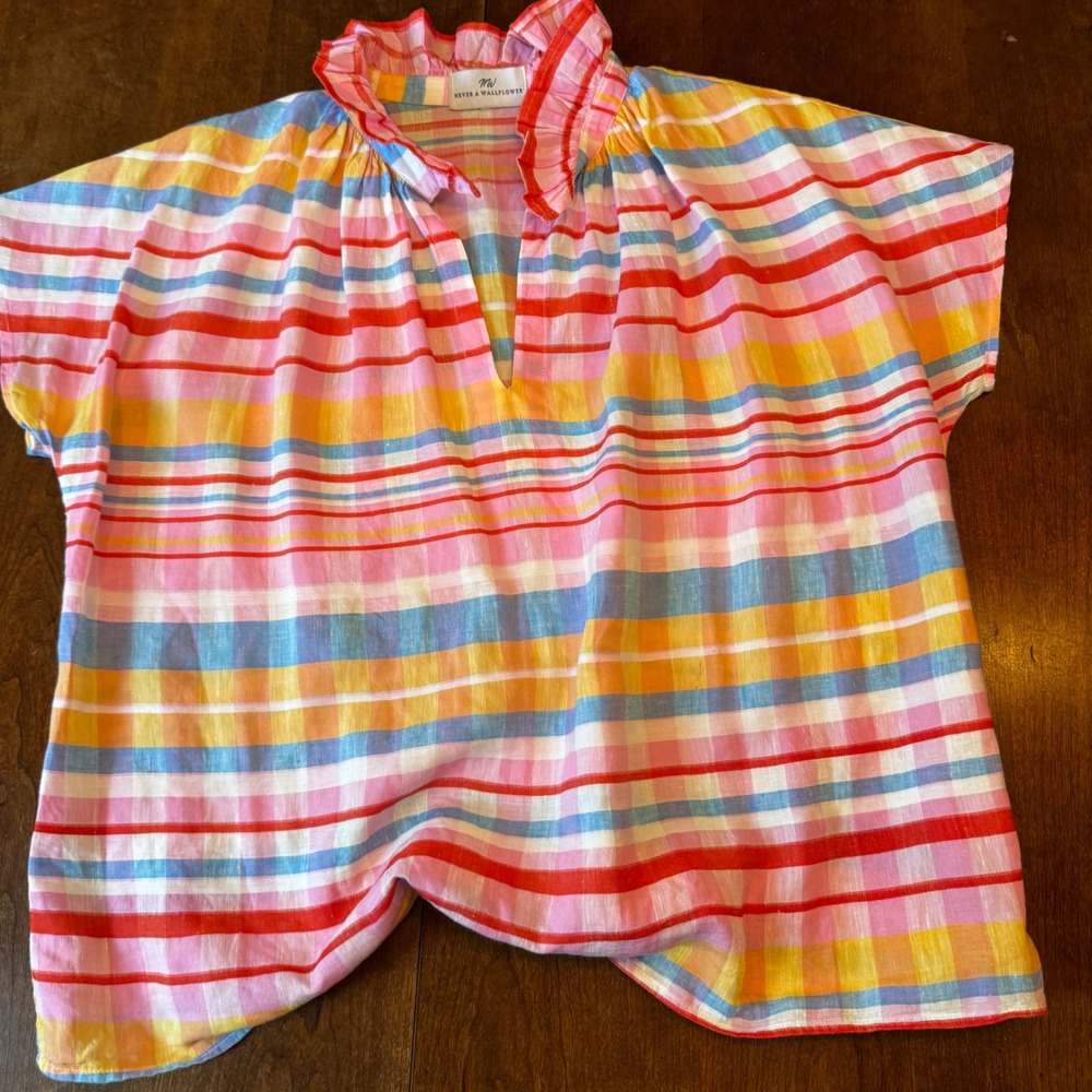 Never A Wallflower Top Womens L Multicolor Stripe Ruffle Neck Linen Blend Boxy